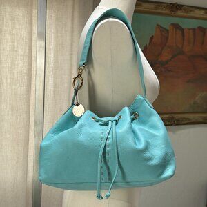 Coastal resort minimalist slouchy pebbled leather drawstring bucket shoulder bag